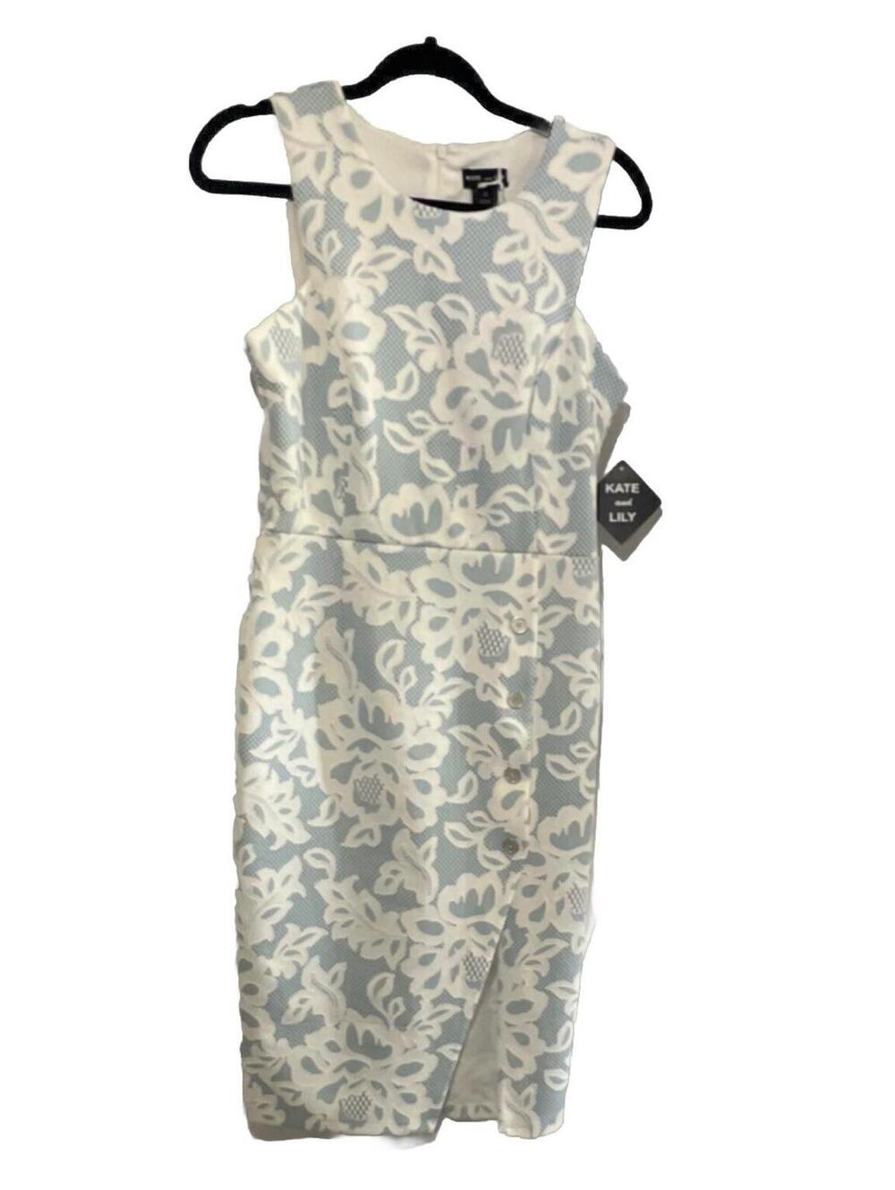 Kate and Lily Blue White Floral Lace A-Line Dress Round Neck Sleeveless Size 10